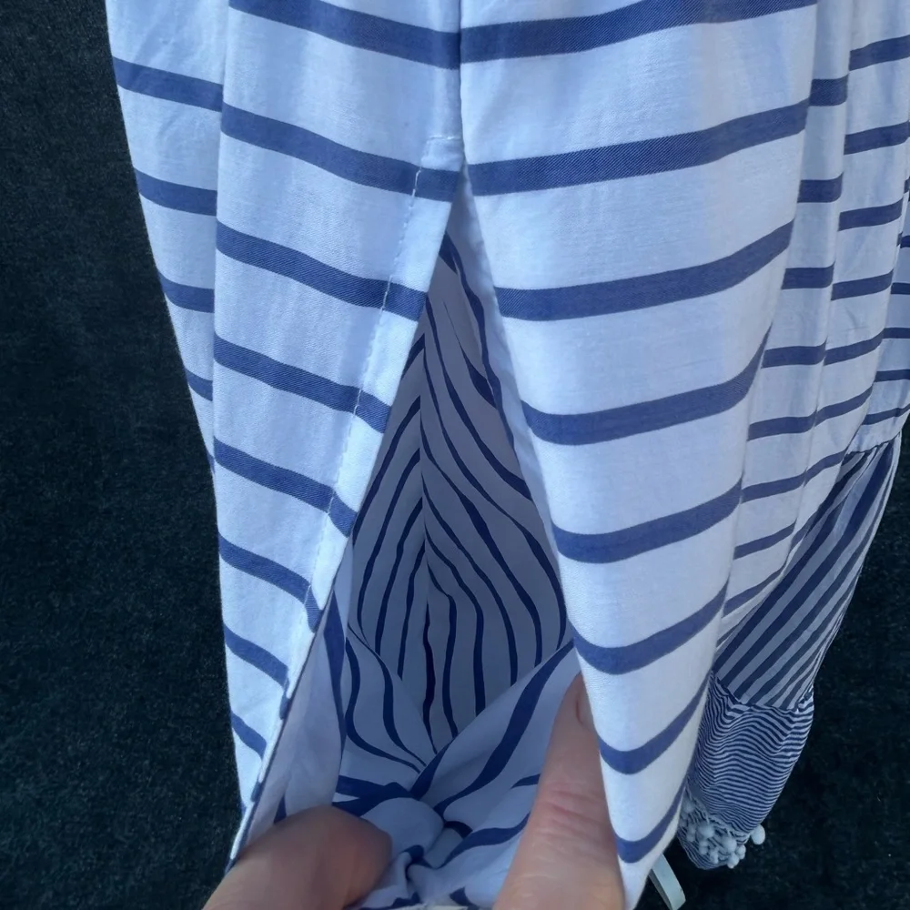 CK Bradley Blue White Striped Tiered Maxi Dress
Pockets Pompoms Medium flaw - Picture 14 of 15